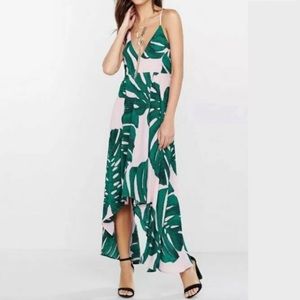 Express Tropical style pink dress with green monstera leaves